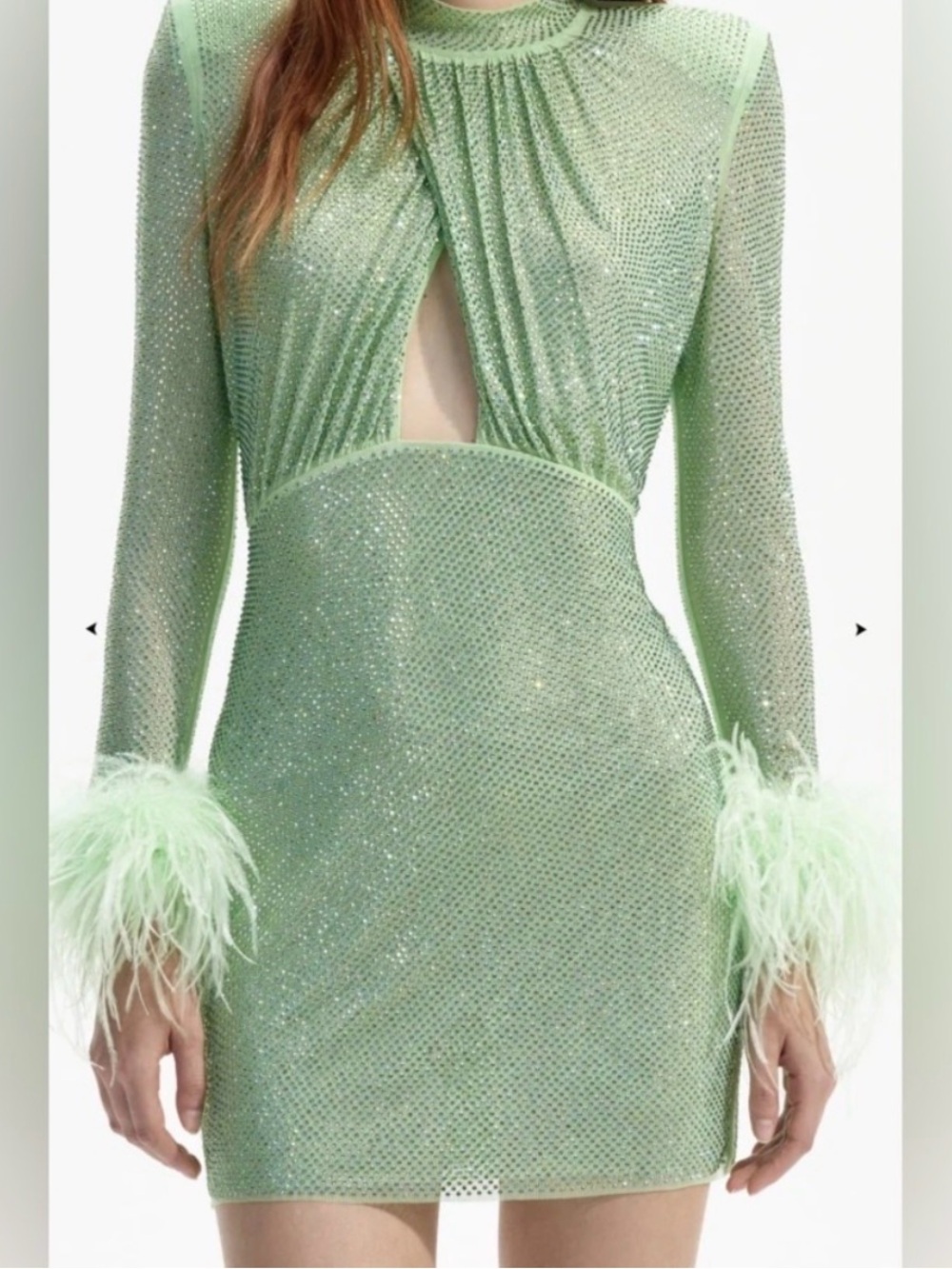 Self-Portrait Mint Green Sequin Mini Dress with Feather Cuffs